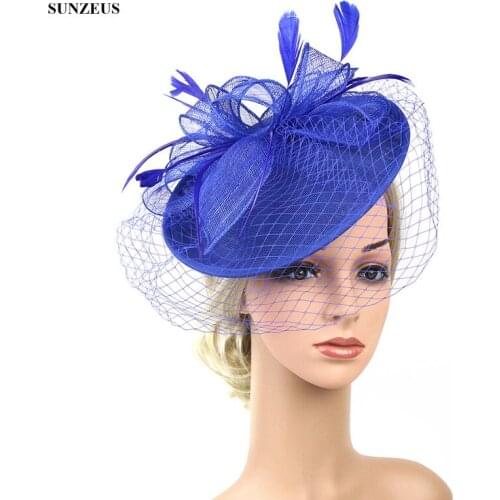 Bride Accesories 2019 Jockey Gorro Royal Blue Women Party Hats With Feathers linen Wedding Hat With Face Veil SQN047