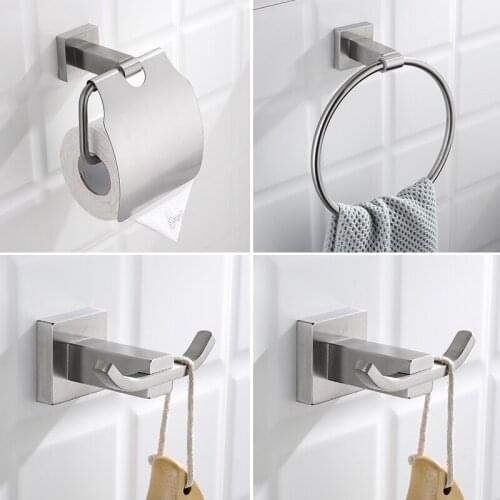 Bathroom Accessories Stainless Steel Brushed Square Paper Holder Towel Ring Robe Hook