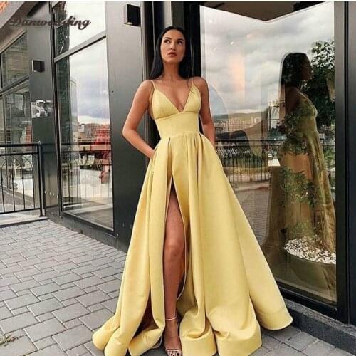 Sexy V-Neck Satin Evening Dresses Sleeveless Side Split Floor-Length Prom Dress Backless Pockets Girl Party Dresses New Arrival