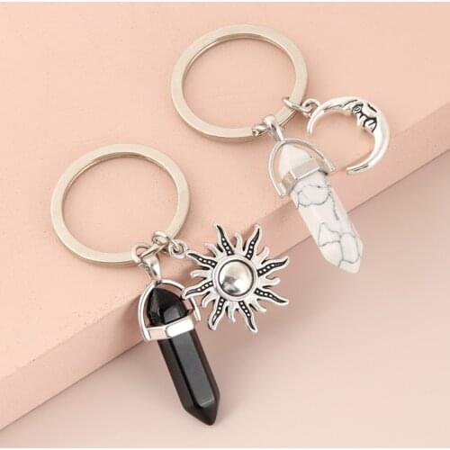 1Pc Natural Quartz Stone KeyRing Star Moon Sun Pendant Keychain Metal Handcrafts Keychain Jewelry Wholesales