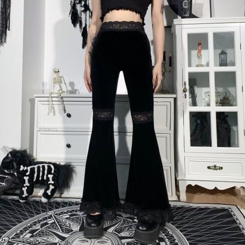 Mall Goth Black Pants High Waist Flared Pants Aesthetic Sexy Lace Patchwork Trousers Women Vintage Elegant Velvet Christmas Pant