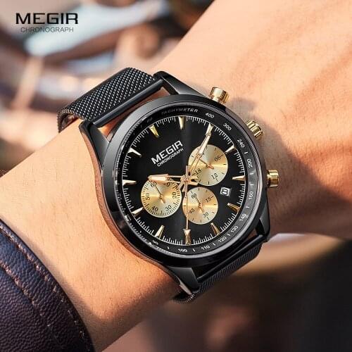 MEGIR 2020 Luxury Mesh Strap Quartz Watches Men Fashion Black Gold Chronograph Wristwatch Man Military Sports Waterproof Watch