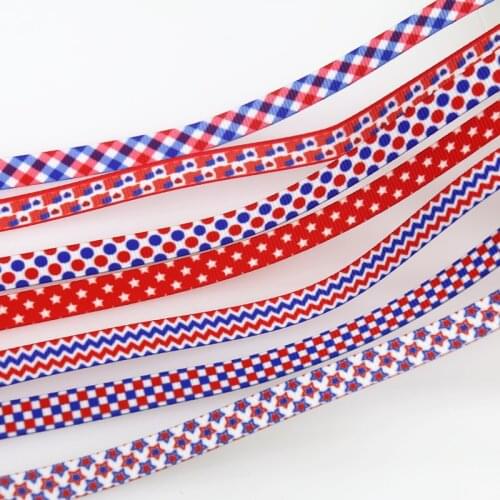 DUWES 3/8'' 50yards 4th Of July Star Dot Stripe Printed Grosgrain Ribbon Accessory Hairbow Headwear DIY Decoration 9mm D1489