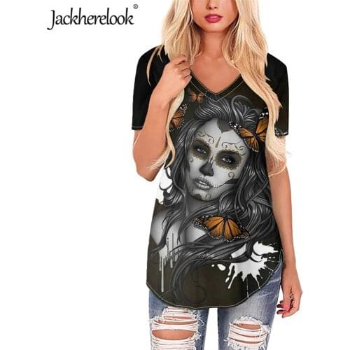 Jackherelook Black Gothic Sugar Skull Brand Design Plus Size Blouse Clothing for Womens Short Sleeve Top Shirt Blusas Mujer 2020