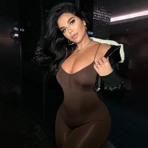 DSMTRC Women Romper Activewear One Piece Outfits Backless Fitness Sexy Long Ladies Jumpsuit Female Strap Brown Bodycon Jumpsuits