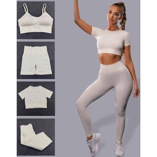 4Pcs Women Seamless Yoga Set Padded Push Up Sports Bra+Crop Top Shirts+Shorts+High Waist Leggings Gym Clothing Sportswear