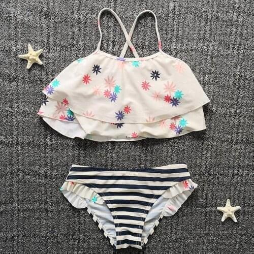 7-14 Years Girl Swimsuit Kids Floral Two Piece Children Swimwear Girls Swim Wear Striped Teenager Girl Swimming Bathing Suits