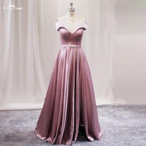 LZF135 Elegant Dusty Pink Prom Dresses V Neck Off The Shoulder Princess Party Dress With Sashes Soft Satin A-Line Gown