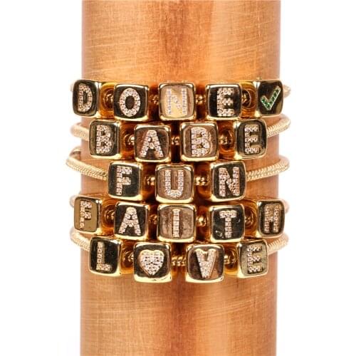 EYIKA Trendy Square inlaid Zircon letter word beads bracelet with gold plated snake chain bangle accessories gift for family