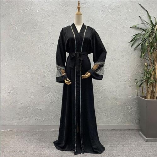 Muslim Diamond beading opened abayas muslim abaya female full length prayer kimono islamic cardigan robes with belt F1517