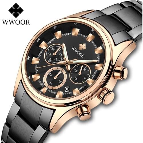WWOOR Men Sport Chronograph Watch Fashion Black Full Steel Waterproof Wrist Watches Mens Multifunction Quartz Clock Montre Homme