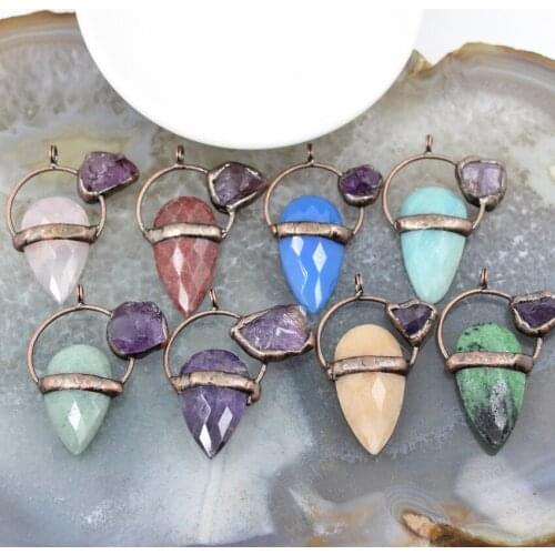 Natural Stone Healing Rose Crystals Vintage Pendant,Drop Shape Faceted Amethysts/Amazonite Necklace Jewelry Accessories