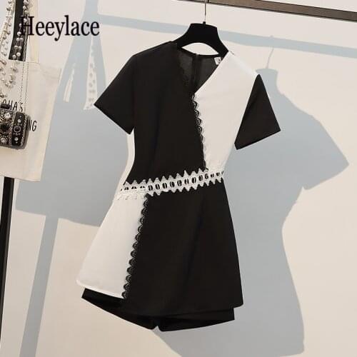 Plus size office ladies Summer sets for women short sleeve patchwork elegant irregular high waist top and shorts two pieces set