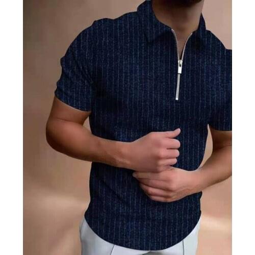 Mens Short Sleeve Polo Shirts Streetwear Fashion Men Casual Turn-Down Tees Shirt Thread Printed Zipper Business Vintage Tops
