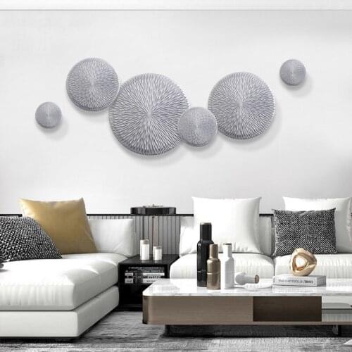 Modern Luxury Silver Wooden Round Shape Wall Hanging Home Livingroom Background Wall Mural Crafts Store Hotel Wall Sticker Decor