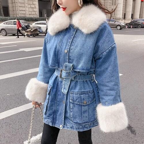 Rabbit Fur Cowboy Coat Female 2021 New Autumn Winter Korean Fashion Mid-length Thicken All-Match Denim Cotton Jacket Women
