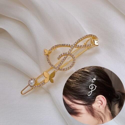 Women Elegant Classical Music Note Treble Clef Shape Butterfly Hair Clips Rhinestone Decor Hairpins Jewelry Party Barrettes