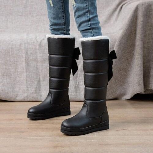 YQBTDL Winter Thicker Sweet Platform Wedges Snow Boots Women Rhinestone Big Bow Slip on Long Knee High Boots Female Shoes Black