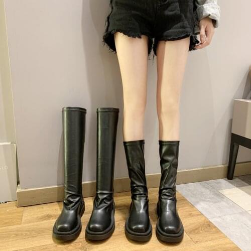 2021 Women Long Boots Platform PU Slip on Thick Bottom Knee Boots Casual Luxury Brand Autumn Riding Botines Heels 5cm
