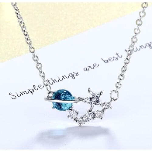 Simple 925 Sterling Silver Planet Necklace For Women Party Jewelry Blue Crystal Trendy Star Zircon Chain Necklace Choker collare