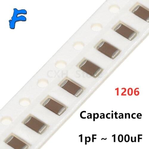 100pcs 1206 SMD 1PF-100UF X7R Error 5% 10pF 100pF 470pF 100nF 220nF 1UF 10uf 47UF 2.2UF 22UF 100uF Multilayer Ceramic Capacitor