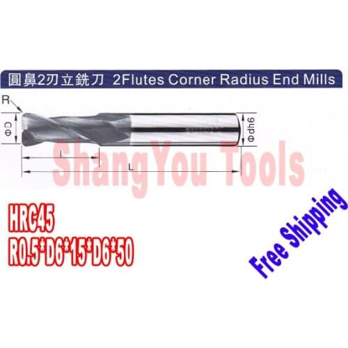 8pcs 6mm hrc45 R0.5*D6*15*D6*50 2 Flutes Milling tools Mill cutter Carbide Corner Radius End Mill CNC router bits