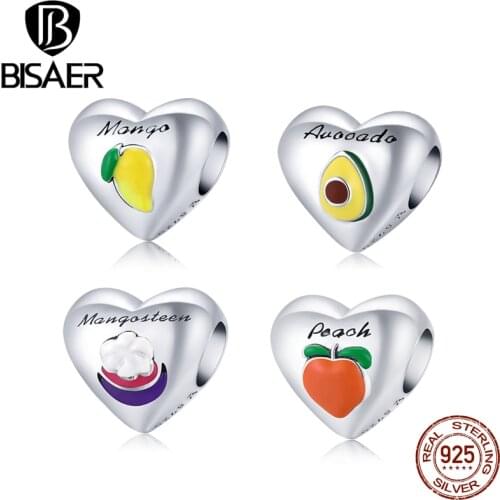 BISAER 925 Sterling Silver Love Heart Charms Summer Fruit Mango Peach Avocado Beads Fit Pan Bracelet DIY Fine Jewelry ECC1951