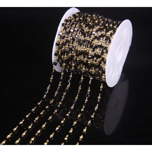2.5mm Square Beads Crysta Wrapped Necklace Rosary Chain Bracelet,Black Glass Bead Copper beads Chain Plating gold Charms