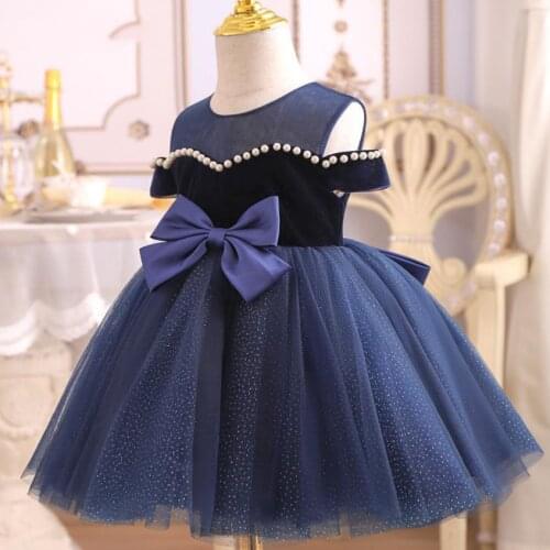 Flower Girl Dresses Wedding Evening Gowns Kids Catwalk Bow Mesh Pearls Design Sleeveless Dresses For Girl Birthday Party L979
