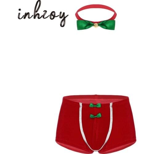 Mens Panties Christmas Underwear Festival Rave Santa Cosplay Costume Red Soft Velvet Boxer Shorts Fancy Underpants with Bowtie