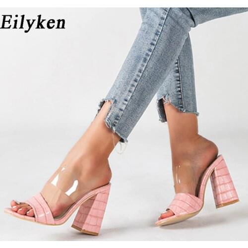 Eilyken 2021 New Women Slippers Square High Heels Summer PVC Strap Outdoor Female Peep Toe Elegant Apricot Pink Dress Shoes