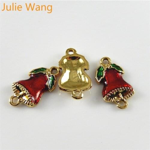 Julie Wang 10pcs enamel Christmas bell Pendant charm for Jewelry making Fashion Bracelet necklace DIY metal Accessories