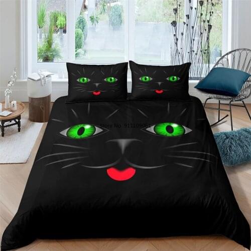 Cute Cat Bedding Set Animal Print Duvet Cover for Kids Adult Bedclothes and Pillowcase Quilt 2-3 Pieces Black Home Textiles