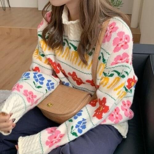 Korobov Korean Turtleneck Long Sleeve Oversize Sweaters Pullovers Japanese Style Chic Flower Knit Sweater Vintage Jumpers Femme
