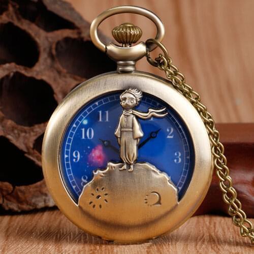 Cute Le Petit Prince Bronze Quartz Hollow Pocket Watch Blue Planet Dial Kid Universe Girl Boy Fashion Necklace Watch Gifts