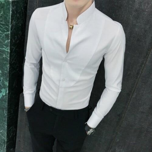 2020 Autumn Men Shirts Long Sleeve Strand Collar Casual Shirts Slim Fit Solid Business Formal Dress Shirts Camisas Para Hombre