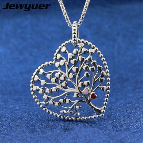 Tree of Love Enamel Necklace for Women 925 Sterling Silver link chain Necklace with heart pendant Women Jewelry Jewyuer NC033