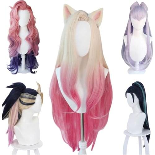 LOL KDA The Baddest Ahri Akali Kaisa Evelynn Seraphine Cosplay Costume Wigs Women Heat Resistant Wig + Wig Cap