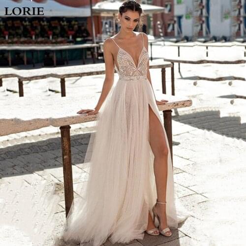 LORIE Sexy Spaghetti Straps Wedding Dress 2019 High Side Split Appliqued Lace Bridal Dress Wedding Gowns Vestidos de novia