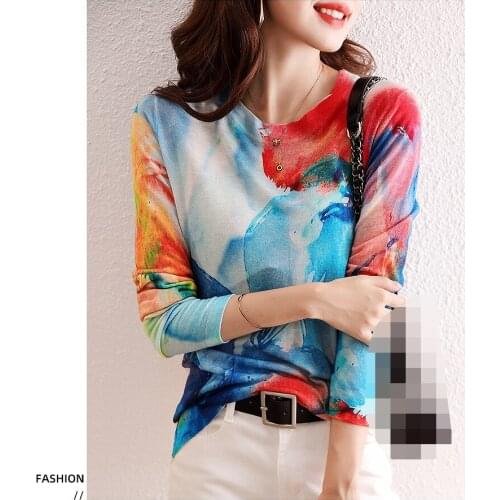 Wool bottoming shirt womens 2020 thin slim temperament long-sleeved printed top knitted sweater womens tide