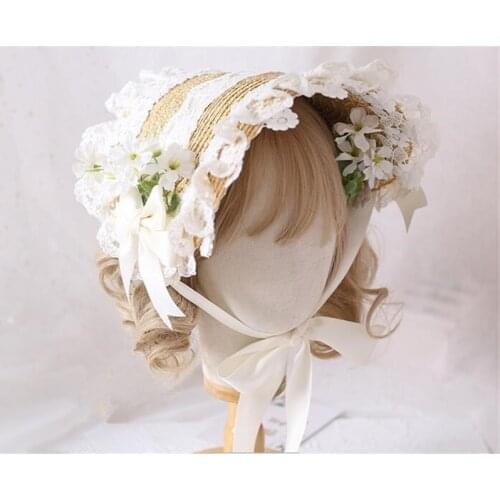 Mori Girl Retro Lolita Handmade Straw hat Gorgeous Elegant Tea Party Flat Cap Multilayer Lace Bonnet Bnt bb Hat B1336