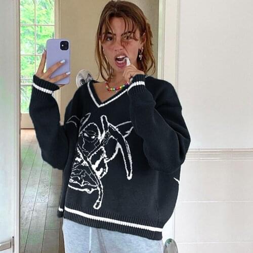 Autumn Winter Women Vintage Sweater Pullover Striped V-neck Collar Knitted Sweater Purple Sweater Cartoon