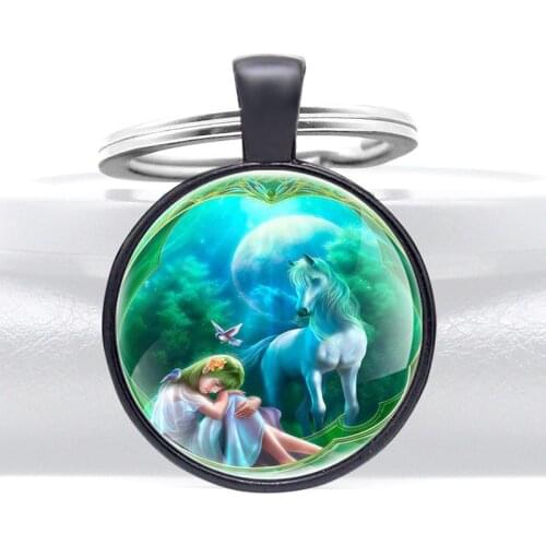 Mysterious Girl And Unicorn Glass Dome key Chains Charms Men Women Key Ring Jewelry Gifts