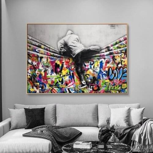 Street Graffiti Art Boy Step Over The Wall Painting Canvas Posters and Prints Pop Modern Art Picture for Home Room Decor
