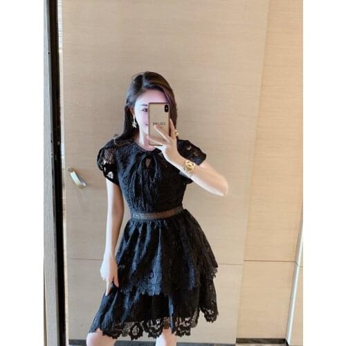 High-End Designer 2021 Summer Women Butterfly Short Sleeve Party Cake Mini Dress Ladies Black Lace Embroidery Holiday Vestidos