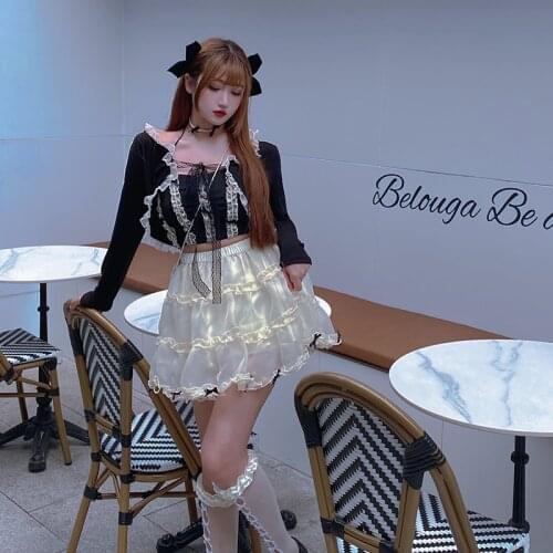 New Summer French Cream Pie Harajuku Style Girls High Waist Pleated Skirts Sweet Mini Cake Skirts Kawaii Hot Girl Suit