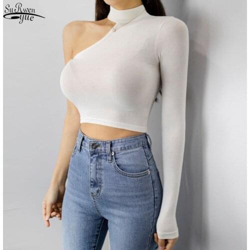 Cotton Long Sleeve Summer Tops for Women Korean Summer New Sexy Off Shoulder T-shirt Short T-shirt Round Collar Blusas Tee 16077