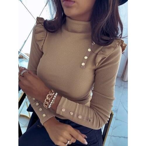 Ruffles Long Sleeve Turtleneck Womens Top Skinny Black Buttons Female Tops 2021 Autumn Winter Fashion Streetwear Ladies Clothes