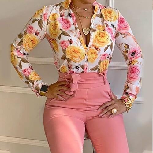 2021 new ladies trouser suits, long sleeve shirts and solid color trousers, casual womens fashion floral printed shirts, 2-piec