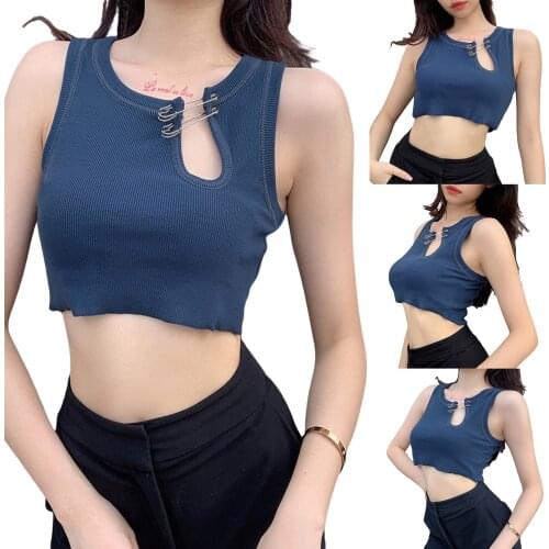 Women Safety Pin Stylish Crop Tops Sexy Cutout Solid Rib Knit Tank Tops Crop Top Vest Ladies Summer Casual Slim fit Top Shirt